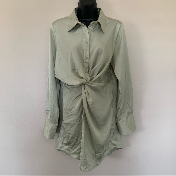 Princess Polly Sage Green Satin Long Sleeve Button Twist Cut Out Shirtdress - Picture 3 of 12